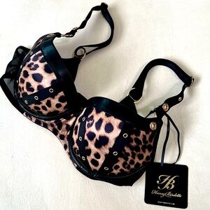Honey Birdette Betty Leopard Print Bra Size 32C. Black with Gold Accents. NWT